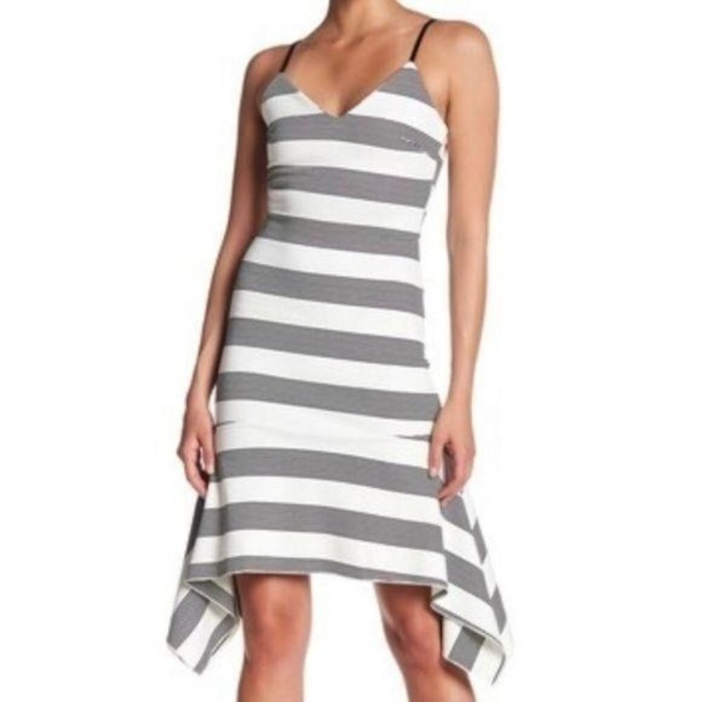 Line & Dot Women Asymmetrical Hem Dress Sleeveless Spaghetti Strap Striped Small